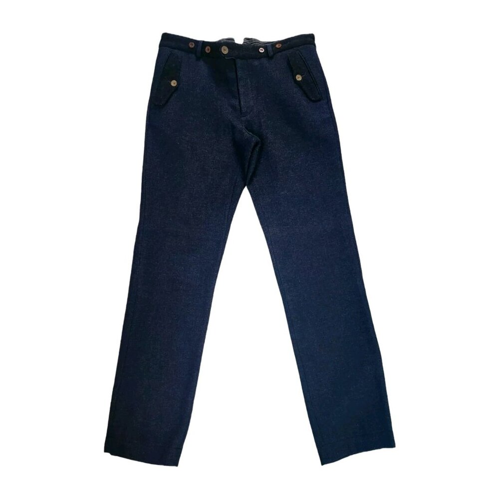 FRANK LEDER Pants Wool Trousers Blue Black Slim Fit Straight Leg Germany M 15.5